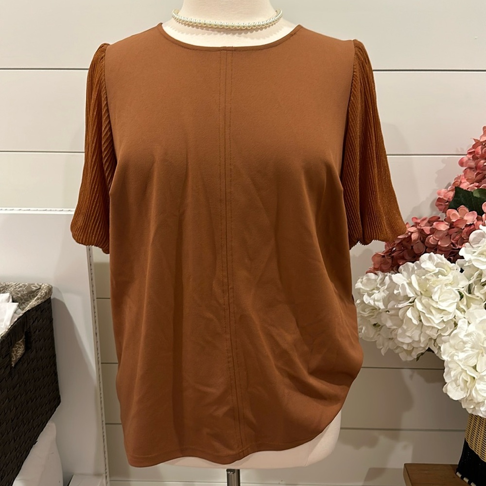 Melloday 1X blouse plus work business casual top camel color puffy sleeves